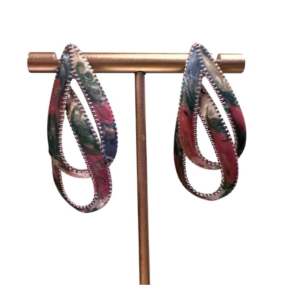 Vintage Jewelry - Vintage Silver/ Multicolor Enamel Double Teardrop 1.5” Drop Pierced Earrings